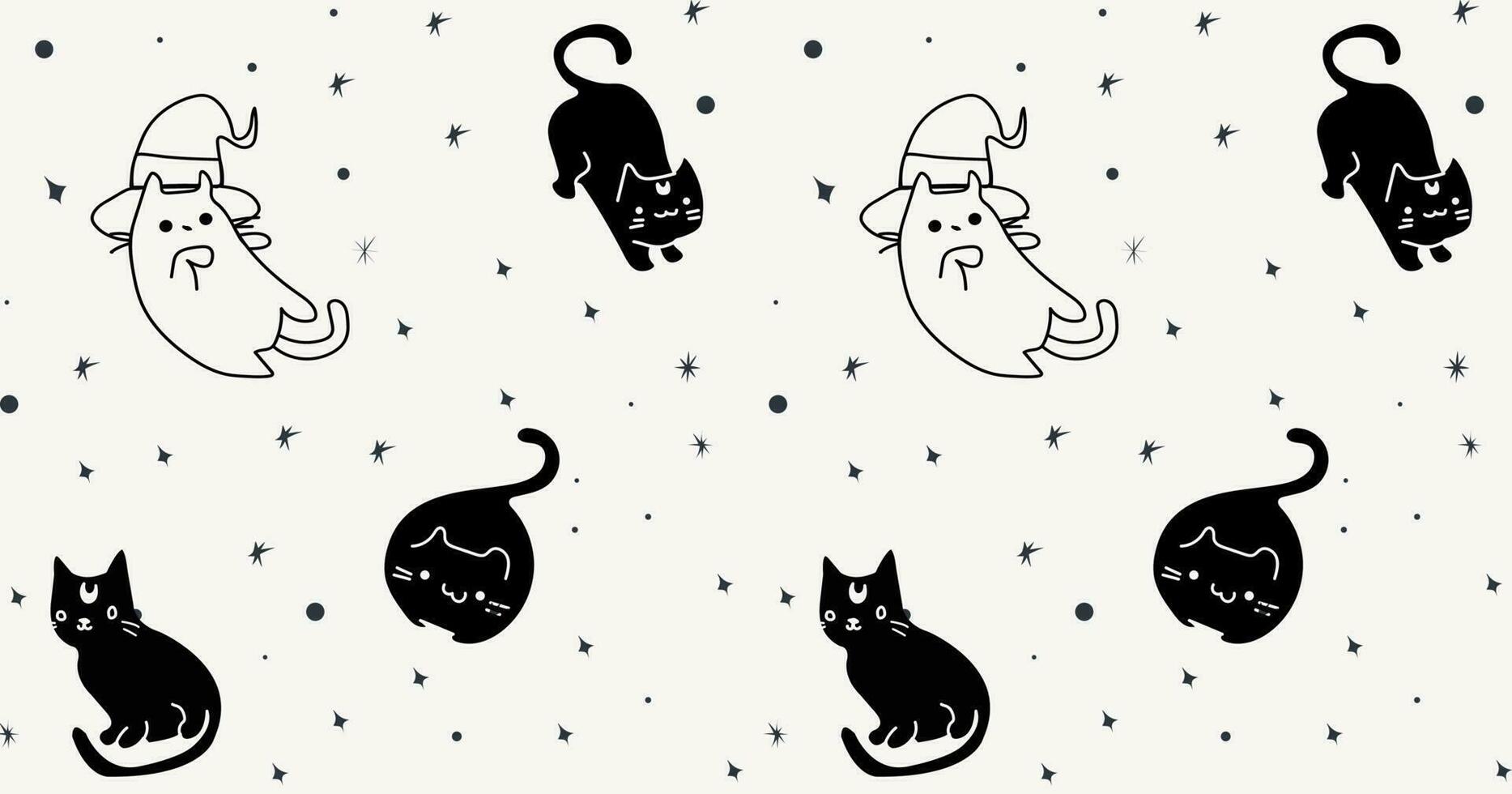 black cats with witchs hats pattern. vector