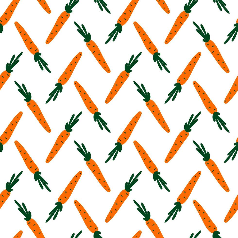 Abstract simple seamless pattern with carrots. Orange vegetable vegeterian background. Fresh doodle kids carrot with top for cute home kitchen interior textile cover. Vector illustration.