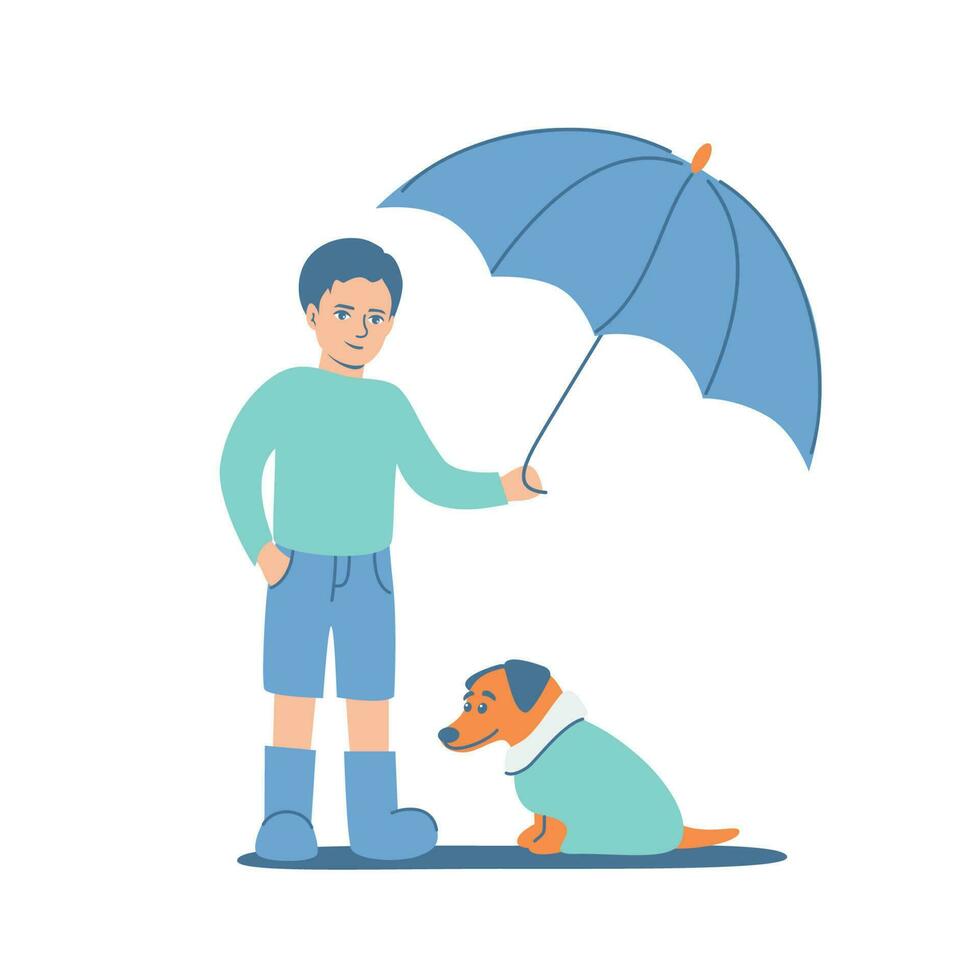 Young boy in rubbers holding umbrella under dog in coat. Child protecting puppy from rain. Friendship and take care concept. Kids education. Flat vector illustration.