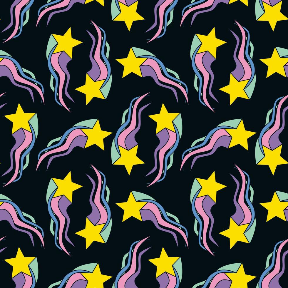 1970 disco hippie groovy shooting stars on dark. Falling stars with rainbow wavy tail doodle seamless pattern. Perfect for cover y2k retro party textile wallpaper fabric posters. Vector illustration.