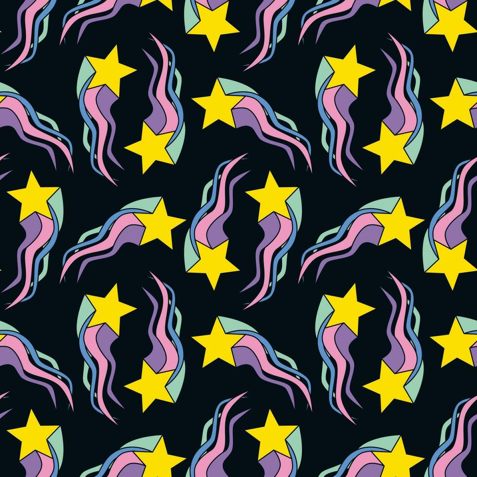 1970 disco hippie groovy shooting stars on dark. Falling stars with rainbow wavy tail doodle seamless pattern. Perfect for cover y2k retro party textile wallpaper fabric posters. Vector illustration.