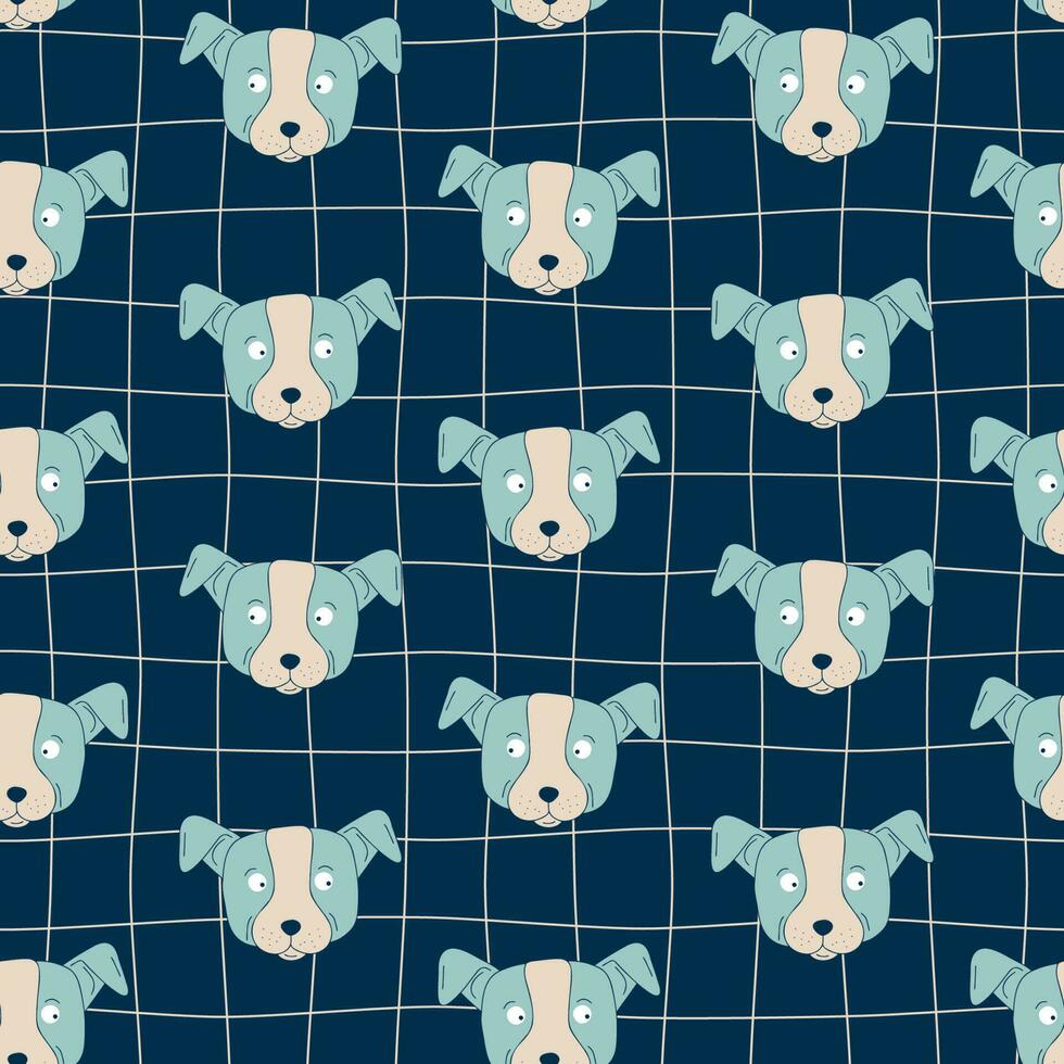 Cute dogs muzzle on thin line grid background. Doodle funny puppy face seamless pattern. Dog heads. Vector illustration for funny kids print cover textile fabric.