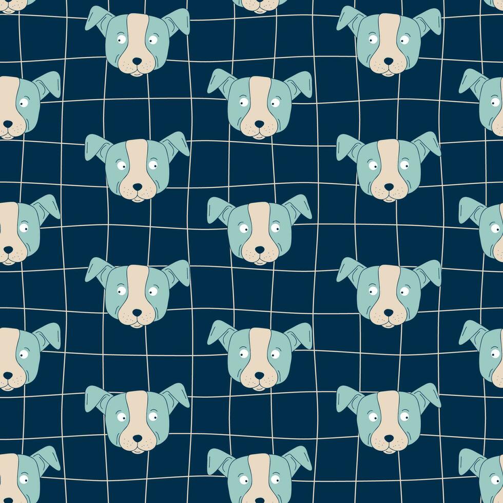 Cute dogs muzzle on thin line grid background. Doodle funny puppy face seamless pattern. Dog heads. Vector illustration for funny kids print cover textile fabric.