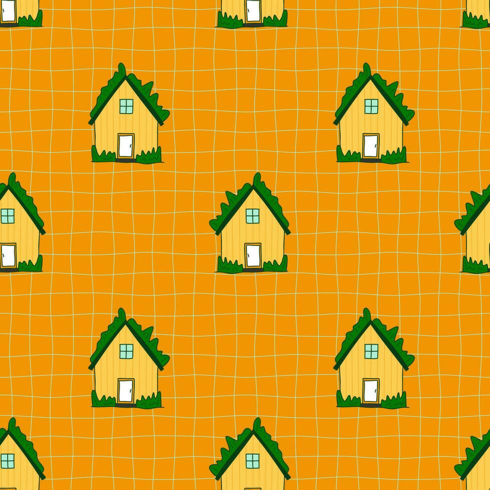 Islandia cute rustic houses simple seamless pattern. Bright green yellow nordic house with grass roof on grid backgroud. Little cozy houses childish scandinavian print. Vector illustration.