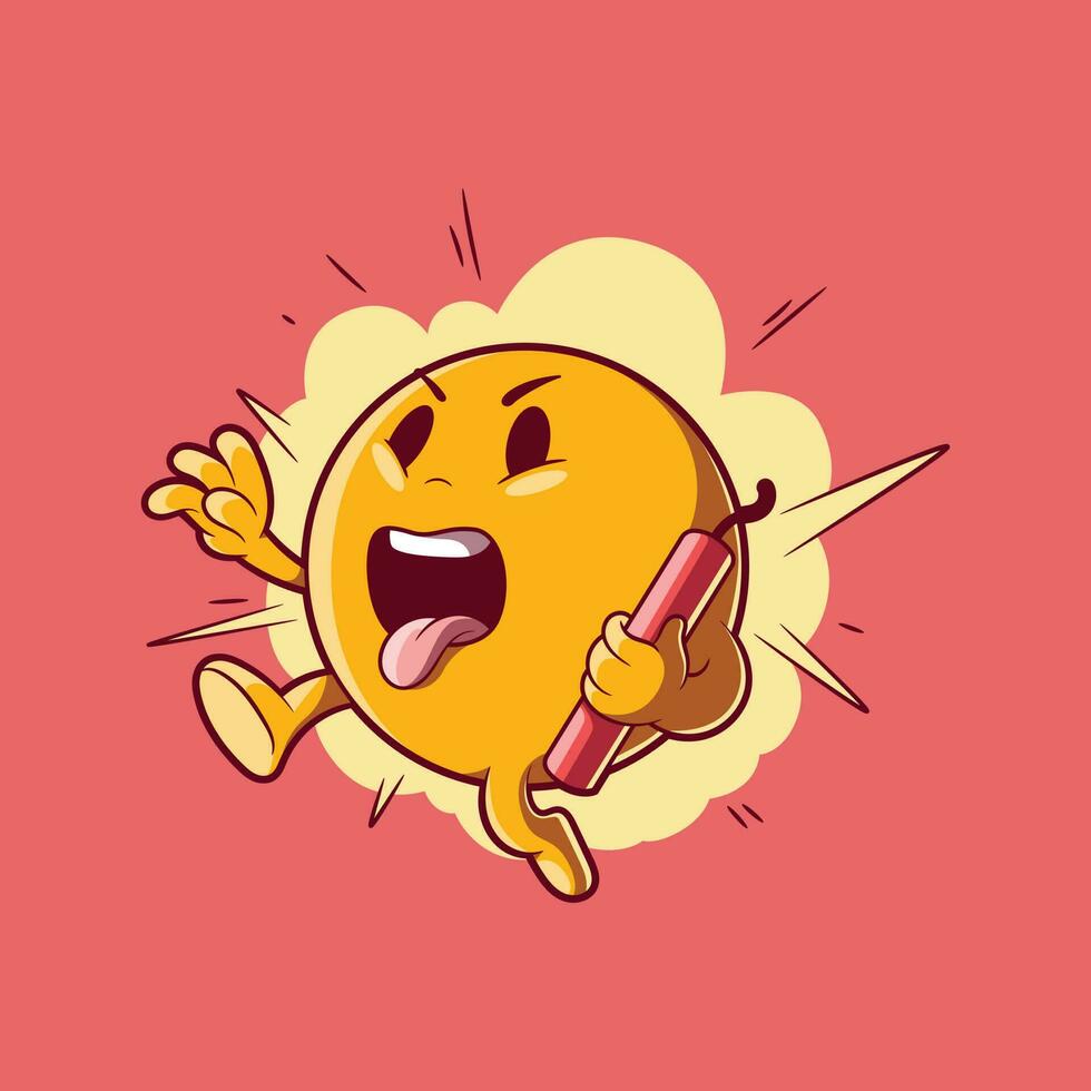 Emoji character running from explosion vector illustration. Communication, funny design concept.