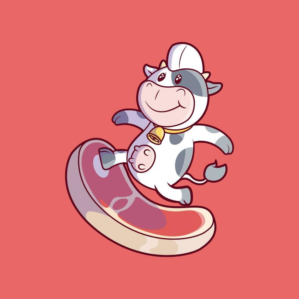 vaca personaje surf en un carne de vaca vector ilustración. alimento, divertido, marca diseño concepto.