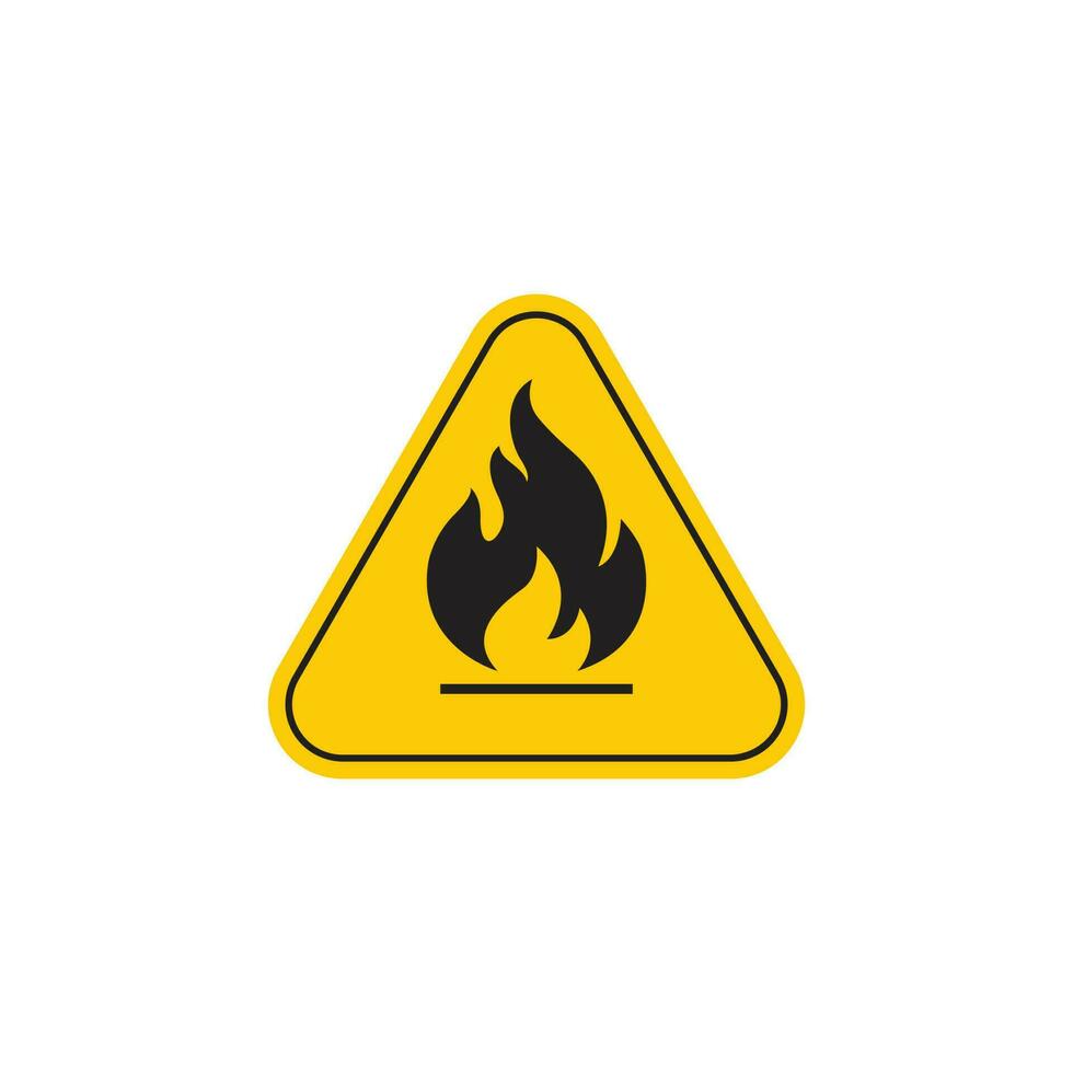 Vector illustration of yellow triangle warning sign with flame fire inside. Attention. Danger zone. Keep away from fire symbol.
