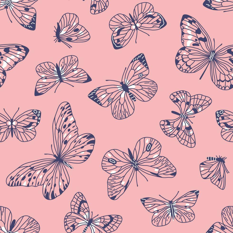 Seamless pattern of dark butterflies on a pink background vector