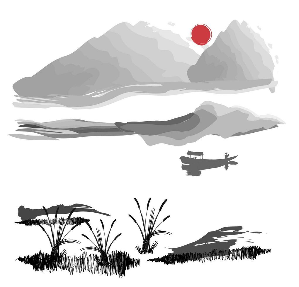 Abstract landscape with Japanese chinese paintings. vector