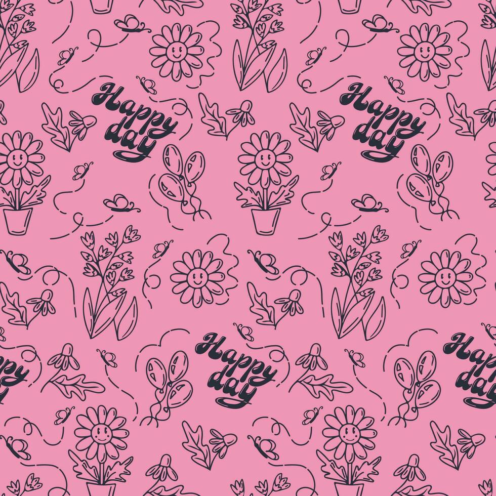 Positive hand drawn cartoon seamless pattern on pink background. Retro outline doodle elements with text Happy day and floral elements. Ideal for background, print, wallpaper, cover, wrapping, textile vector