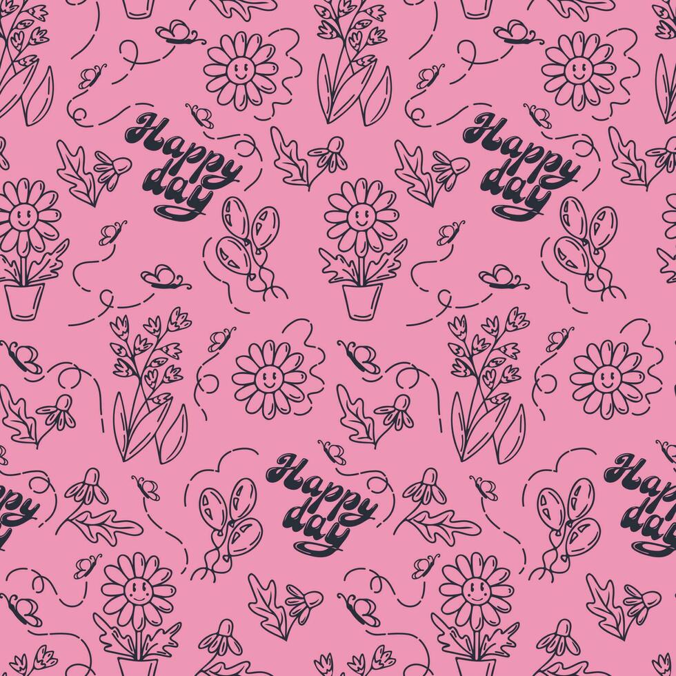 Positive hand drawn cartoon seamless pattern on pink background. Retro outline doodle elements with text Happy day and floral elements. Ideal for background, print, wallpaper, cover, wrapping, textile vector