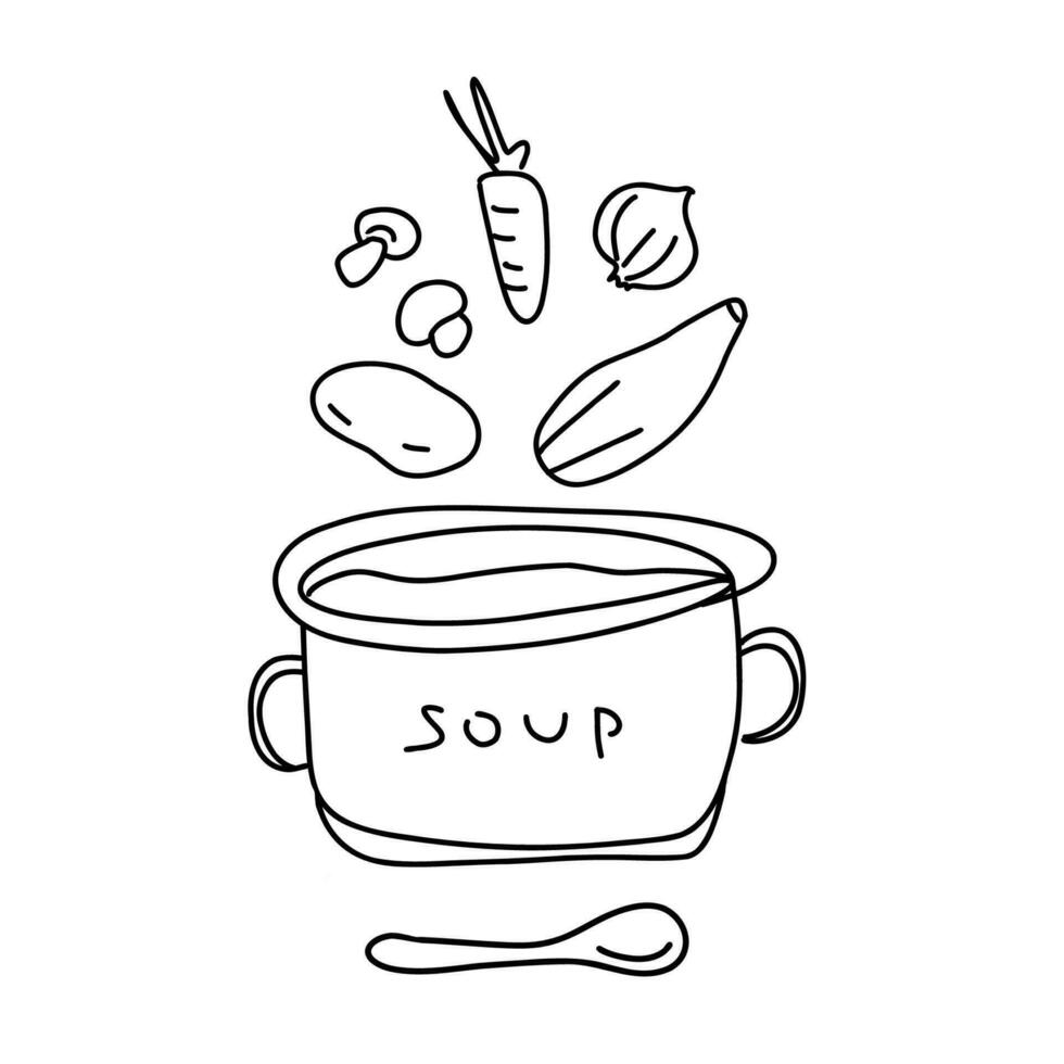 Doodle of soup with vegetables in a pot. Vector illustration hand drawn sketch of soup in a pot isolated on white background