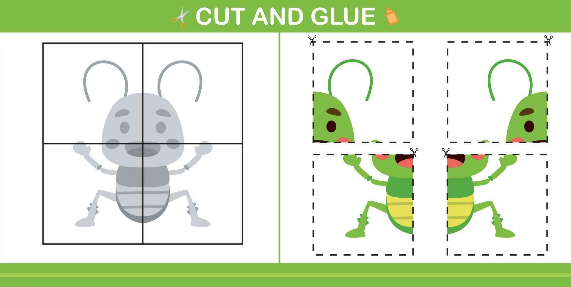 cut and glue insect education paper game for kindergarten and preschool cut and glue game for kids vector