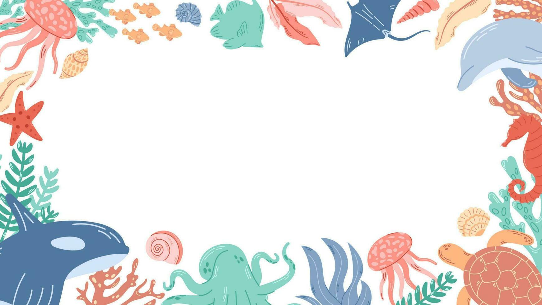 Background with sea inhabitants with place for text useful to use for invitations, promotion, sales. Frame with shells, corals, jellyfish, octopus and other marine animals. vector