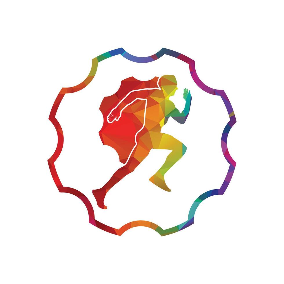 Running man designed using polygonal style graphic vector. Human body silhouette with gear icon. vector