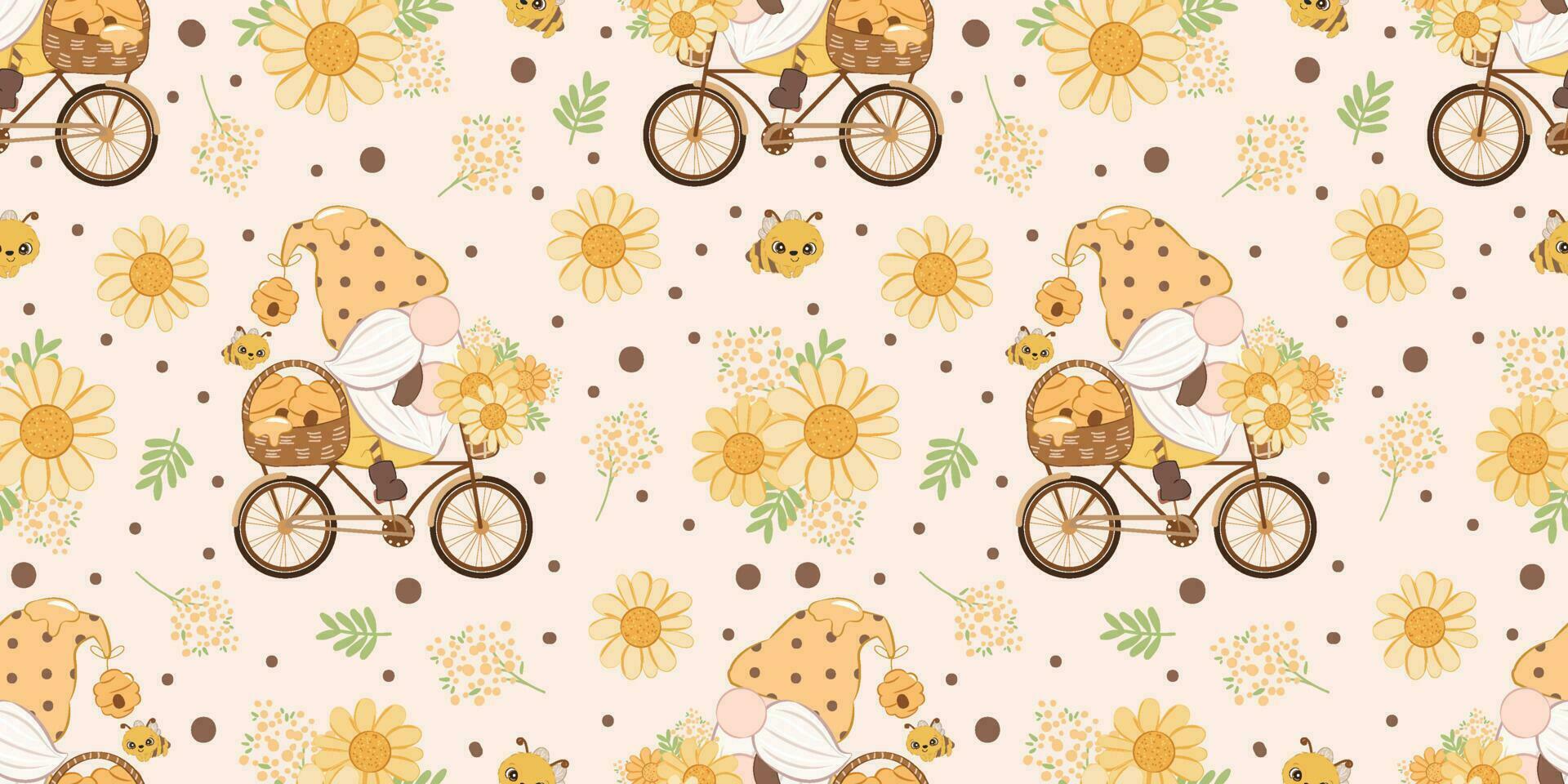 Cute Bee Gnome Themed Seamless Pattern vector