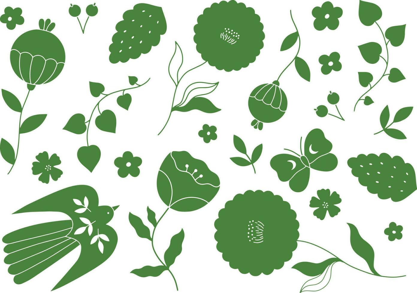 Set of hand drawn elements of flowers, leaves, birds and butterflies. Abstract silhouette flat style. Green vector illustration isolated on white background