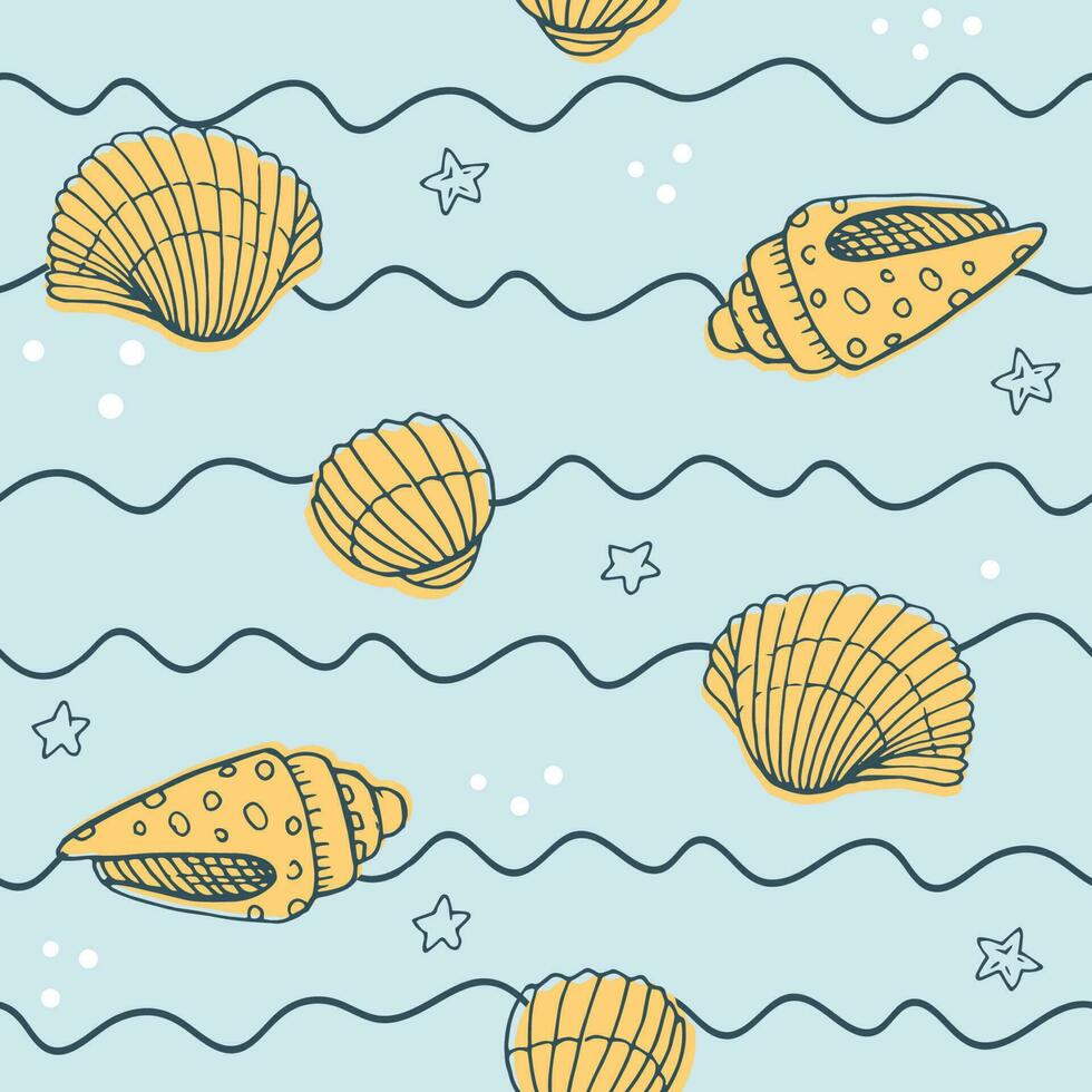 Vector seamless pattern with hand drawn scallop seashells, sea elements and stars. Beautiful marine design, perfect for prints and patterns, textile, fabric, children background