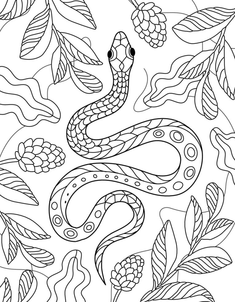 Animal coloring book. Hand drawn monochrome Snake. Coloring page for kids and adults. Ancient serpent, antique symbol. Drawings for poster. Linear vector drawing.