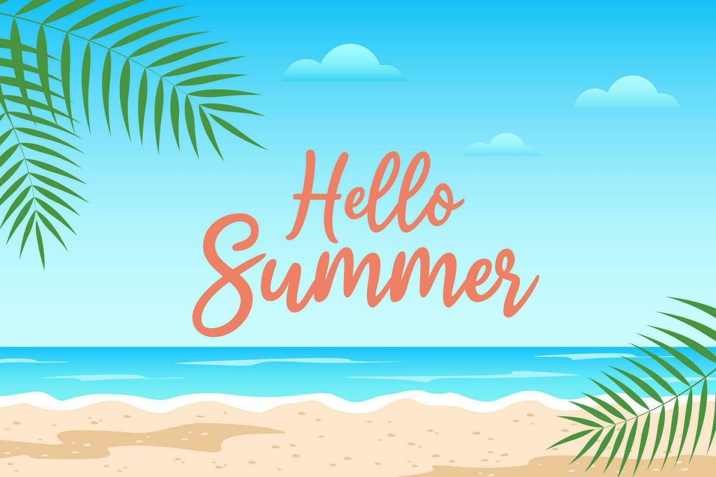Sea landscape with lettering Hello Summer. Flat vector illustration