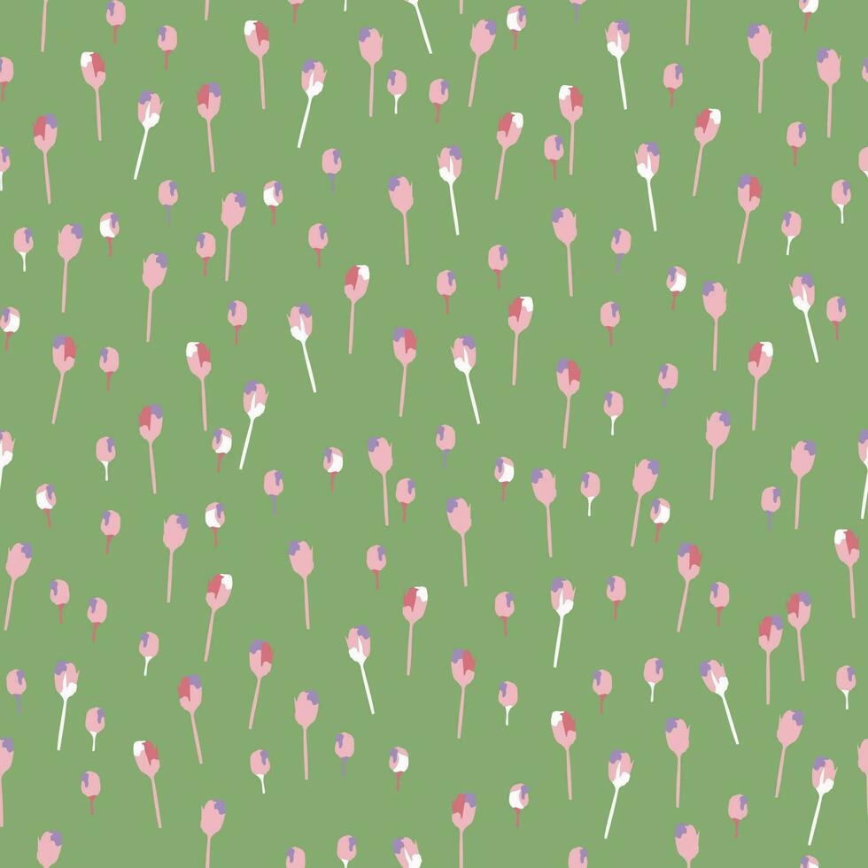 seamless mixed abstract tiny tulips pattern on green background vector