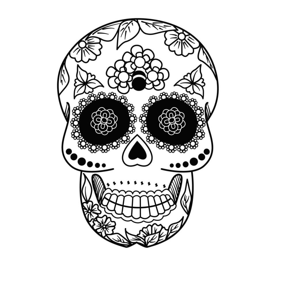 vector skull, Day of Death illustration. Black and white sugar skull.