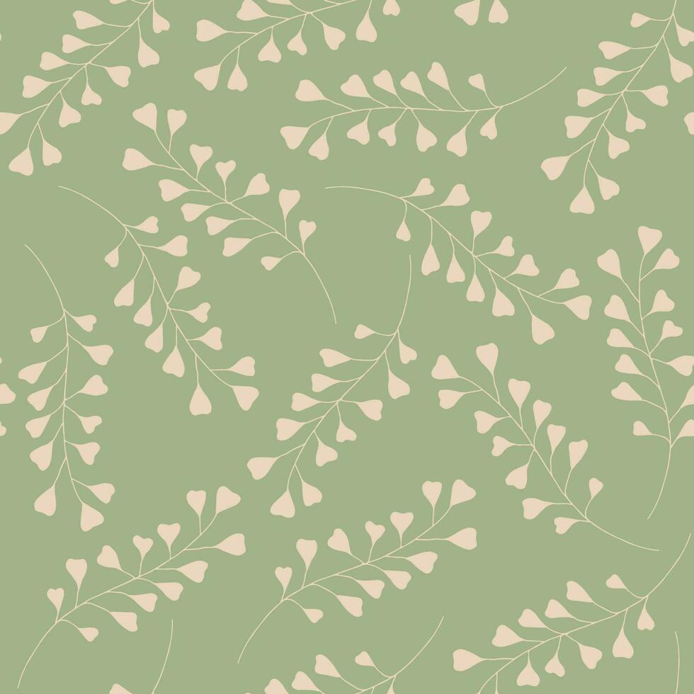 beige ramas en pálido verde antecedentes sin costura modelo. mano dibujado botánico elementos. vector Arte