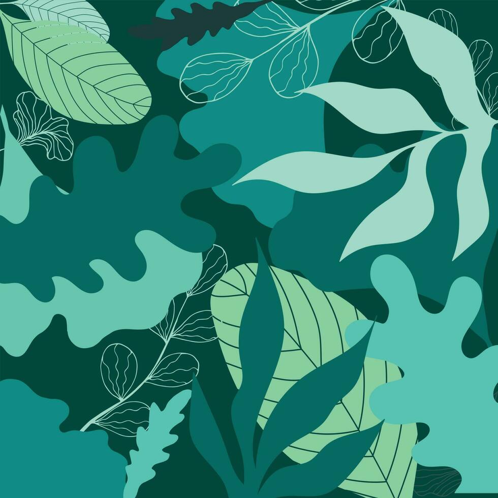 Rain forest background in blue and green colors. Hand drawn tropical leaves and branches. Vector art