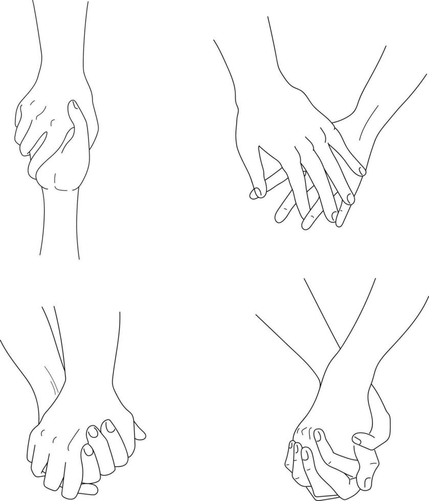 Hand drawn hands of lovers isolated on white background. Hand in hand. One line contour drawing. Outline holding hands. Vector illustration