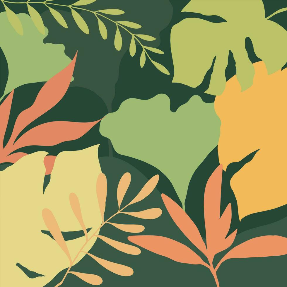 Tropical forest background. Various hand drawn outline plants in green, yellow and orange colors. Nature theme. Vector art