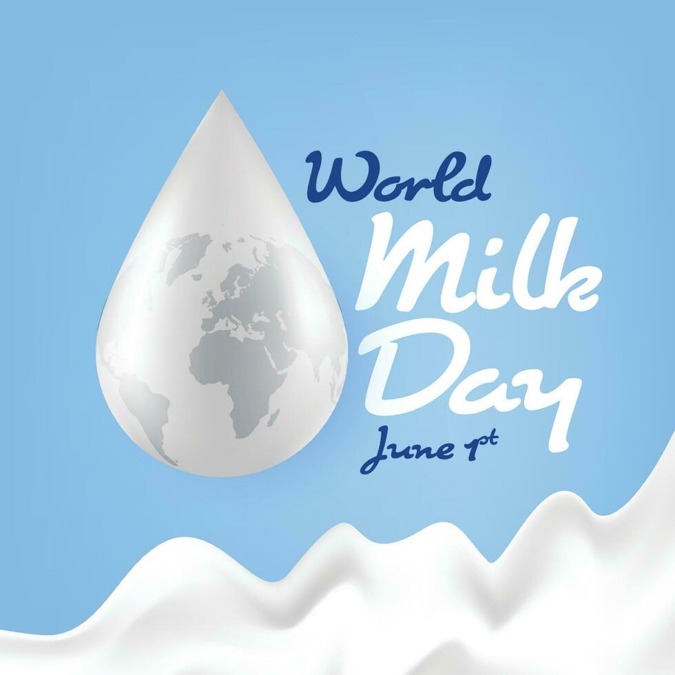 World milk day, June 1st. vector illustration world map on realistic milk drop