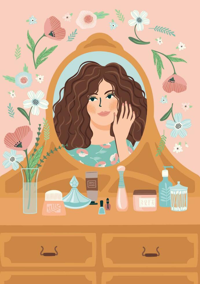 Portrait of cute girl in mirror. Self care, self love, harmony. Vector illustration.