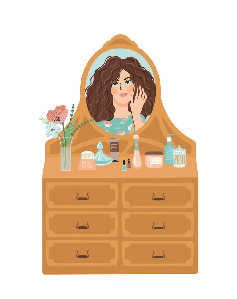 Portrait of cute girl in mirror. Self care, self love, harmony. Vector illustration.