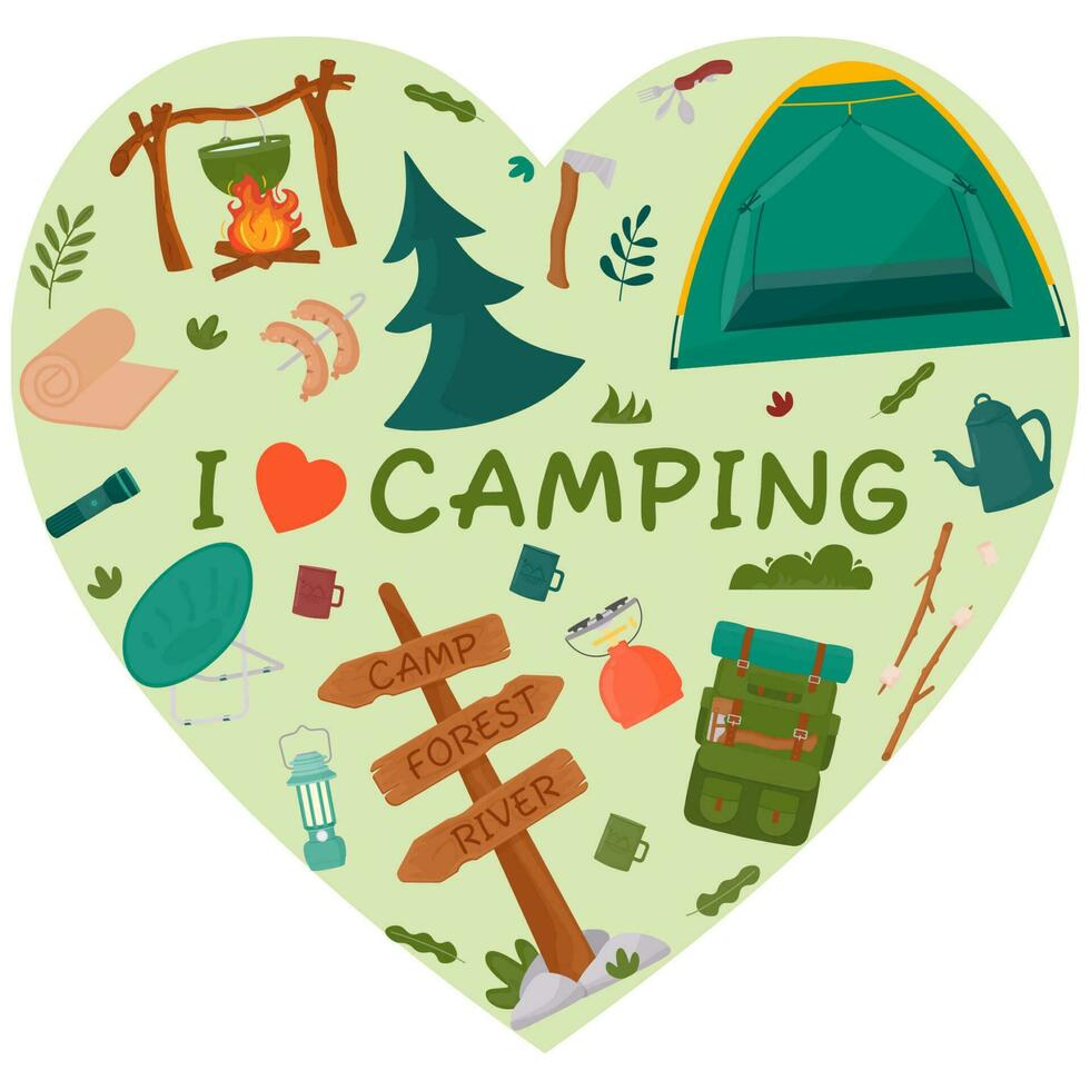 Background for summer camping, travel, trip, hiking, tourist, nature, travel, picnic. Design of a poster, banner, leaflet, cover, special offer, advertisement. Vector illustration in a flat style.