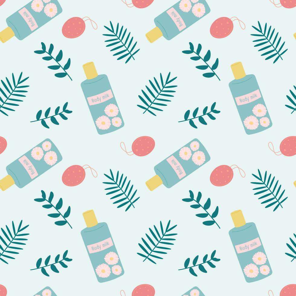 Seamless pattern with body milk, washcloth and plants. Cosmetics for home and bathroom. Flat vector illustration.