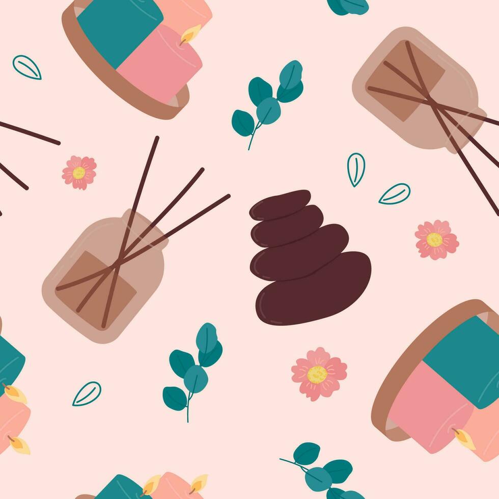Seamless pattern with incense sticks, candles, stones for spa and wellness salon. Flat vector illustration.