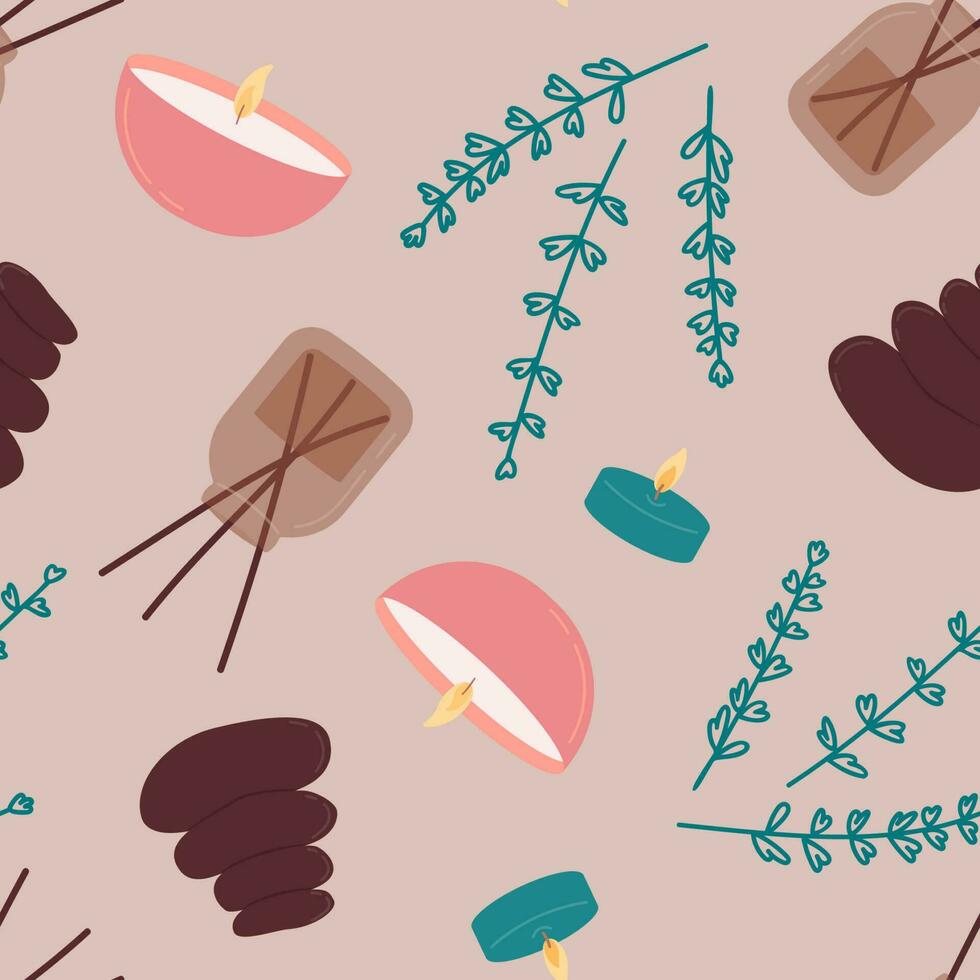 Seamless pattern with incense sticks, candles, stones for spa and wellness salon. Flat vector illustration.