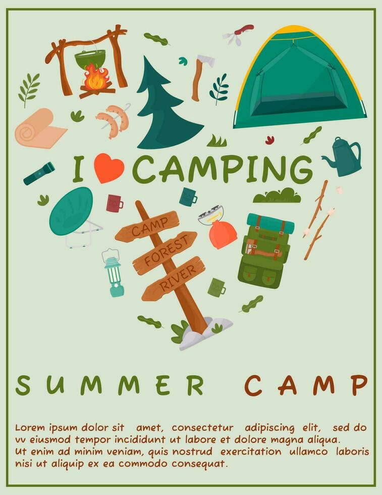 A4 poster for summer camping, travel, trip, hiking, tourist, nature, travel, picnic. Design of a poster, banner, leaflet, cover, special offer, advertisement. Vector illustration in a flat style.
