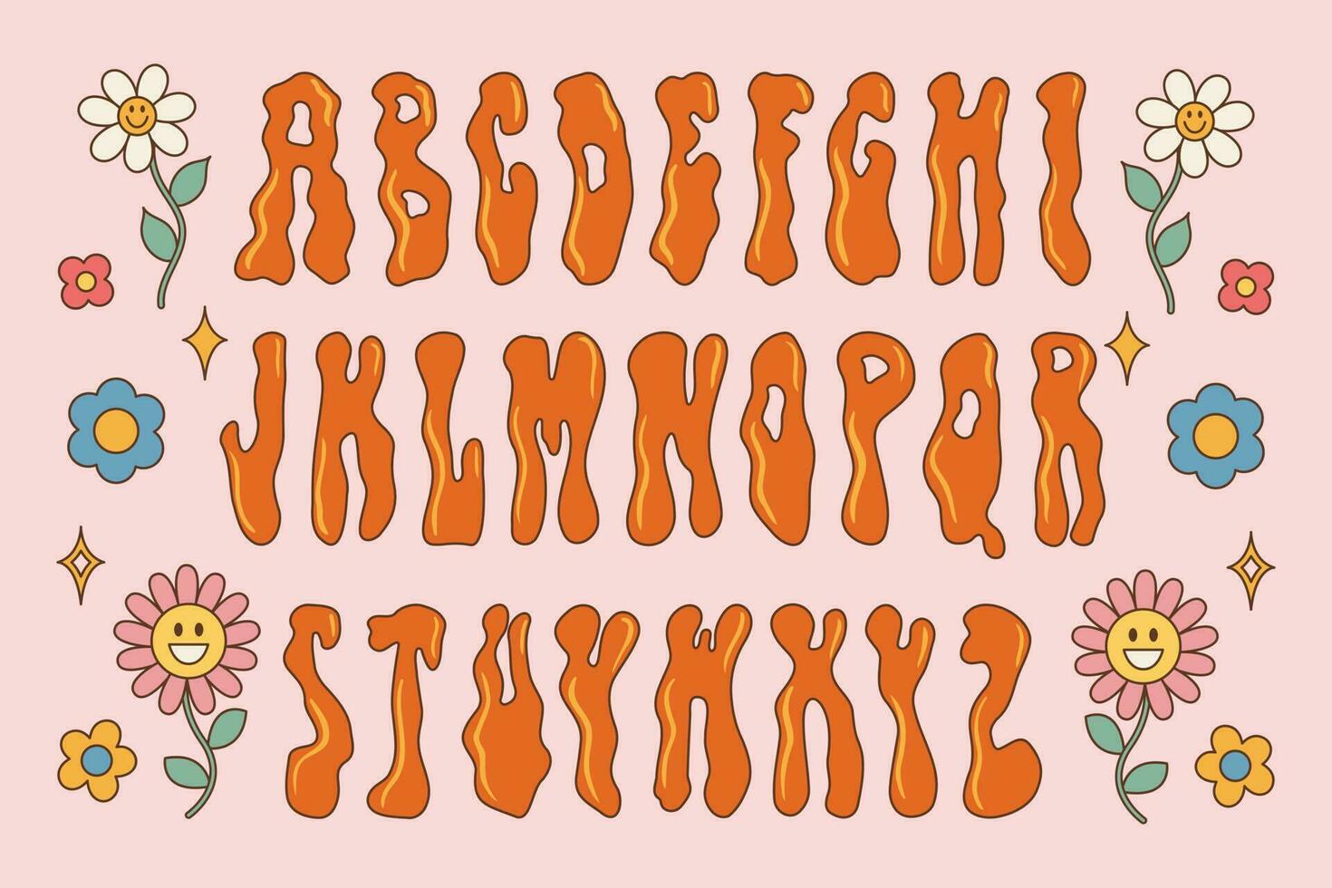 Funky rave groovy font from the 60s 70s in psychedelic style. Vector modern cartoon alphabet