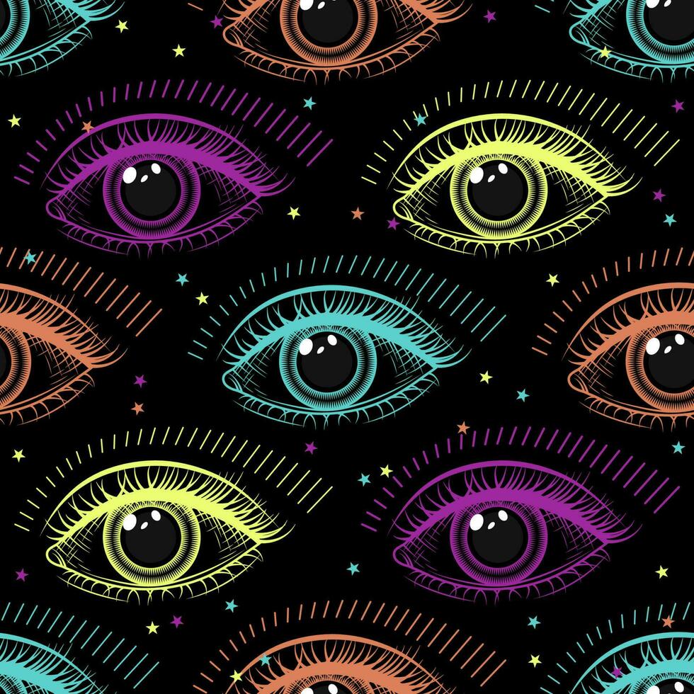 Pattern with human eye. Concept of all seeing eye, harmony of universe, wisdom, knowledge, extended mind. Colorful psychedelic surreal illustration. Good for groovy, hippie, mystical style. vector