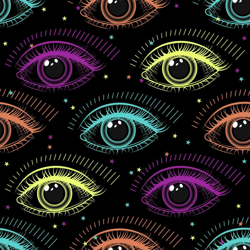 modelo con humano ojo. concepto de todas viendo ojo, armonía de universo, sabiduría, conocimiento, extendido mente. vistoso psicodélico surrealista ilustración. bueno para maravilloso, hippie, místico estilo. vector