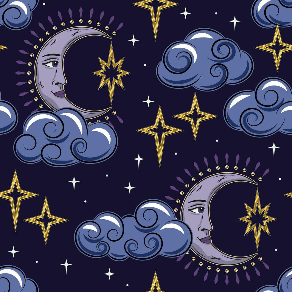 Seamless pattern with crescent moon with face, stars, clouds. Mythological fairytale character, fantasy, mystical concept. Good for apparel, fabric, textile, kids design. vector
