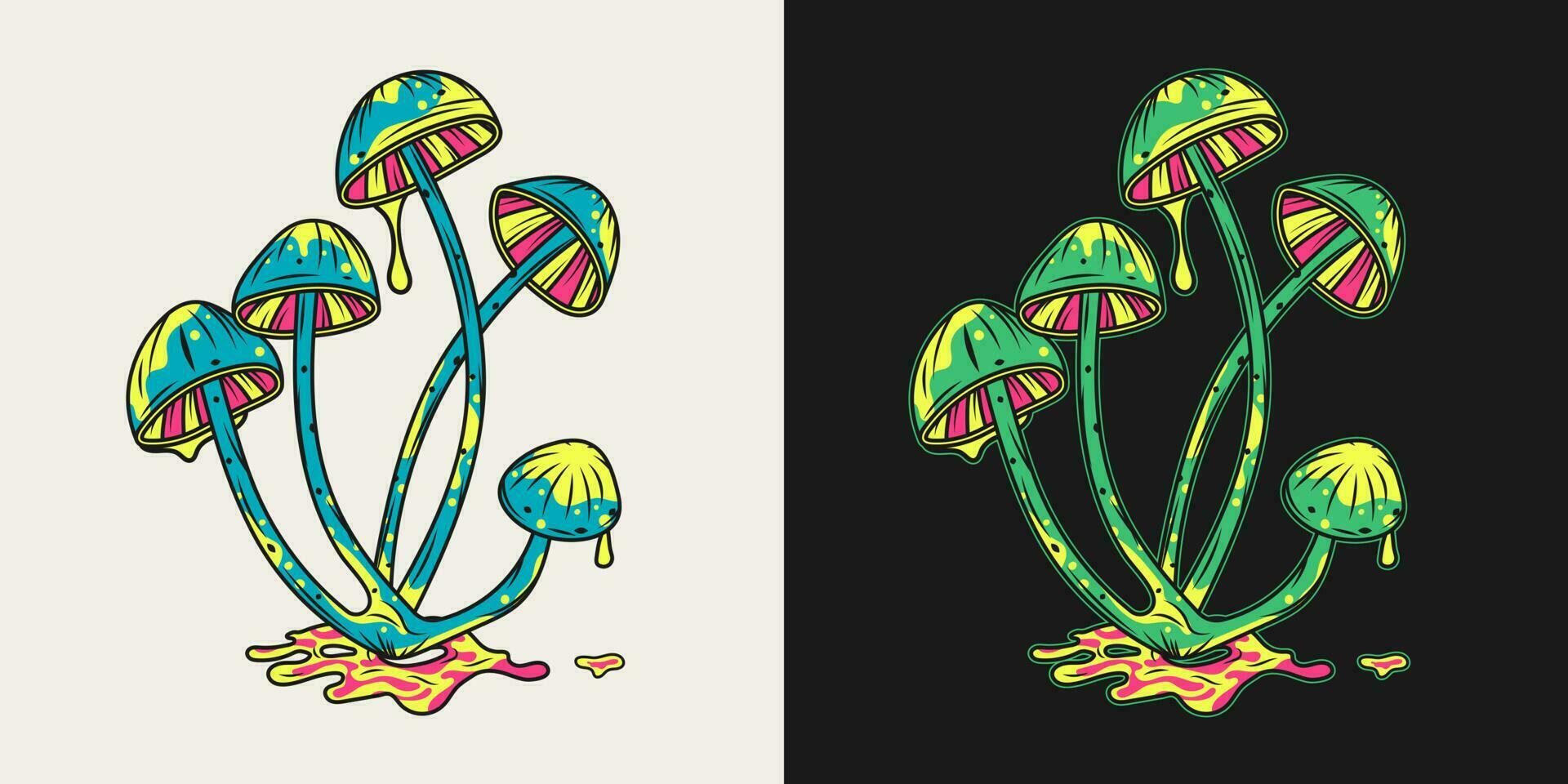 Bunch of fantasy magic mushrooms with toxic dripping liquid. Bright unusual poisonous fungus. Good for groovy, hippie, mystical, fairytale style vector