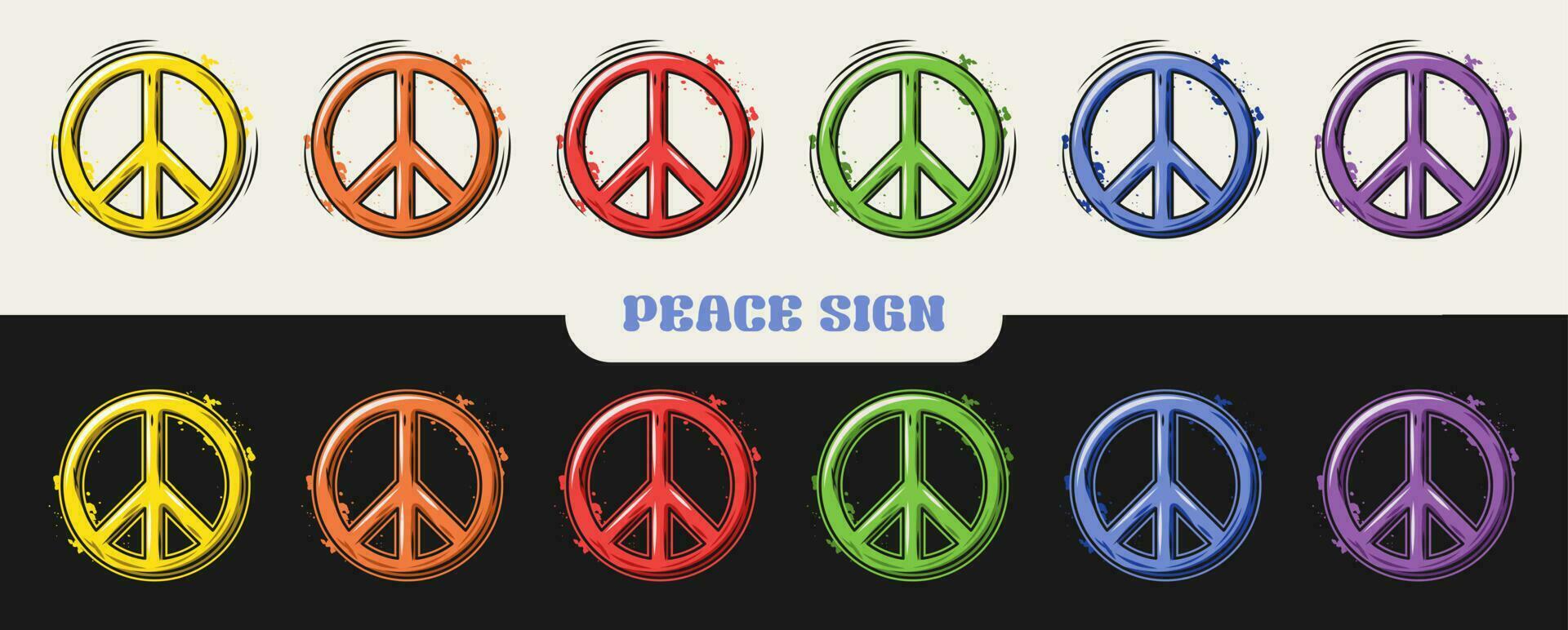 Peace sign with paint splashes. Set of symbols in rainbow colors in retro style. Illustrations on black, white background. Good for groovy, hippie style vector