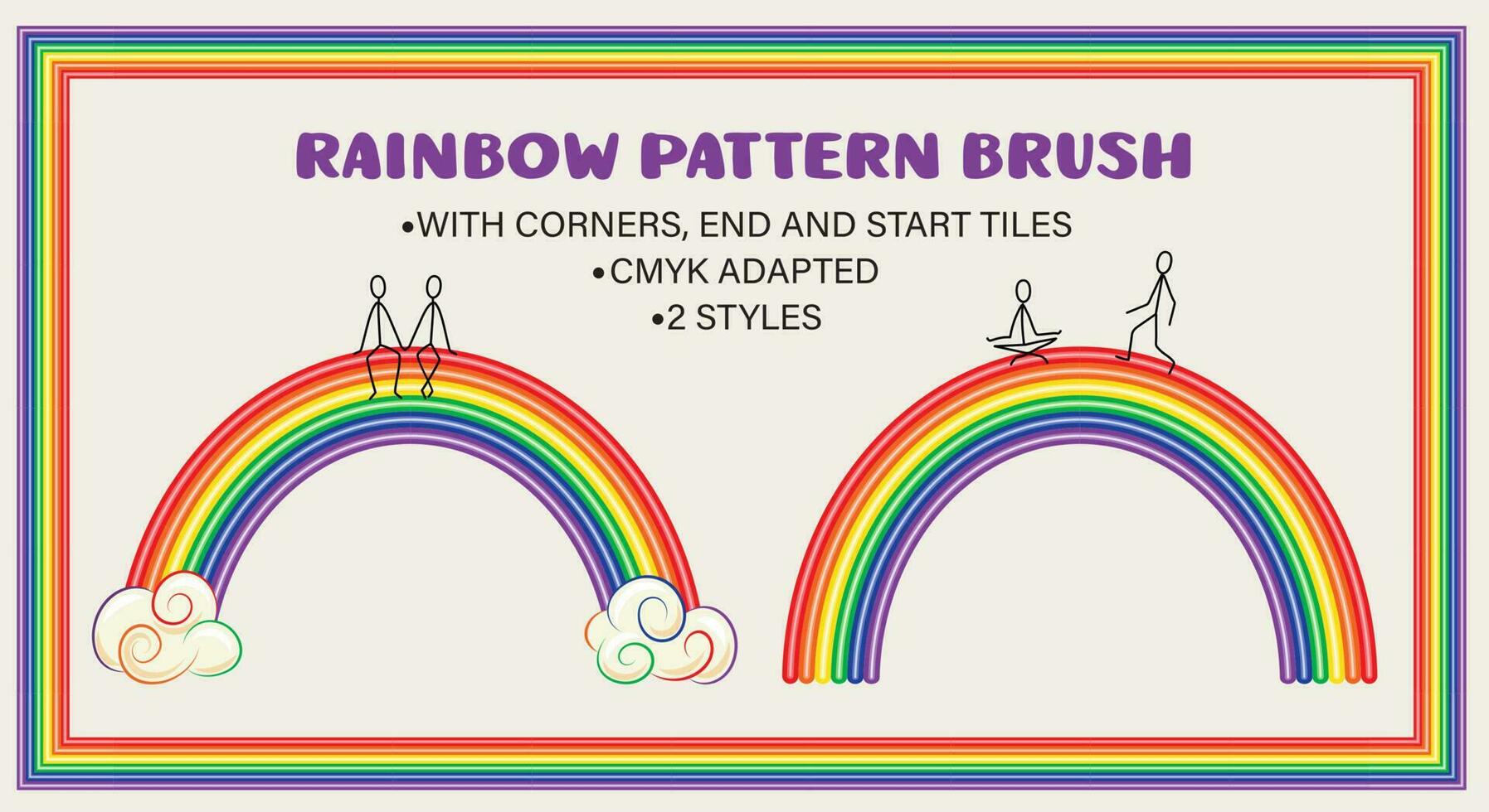 2 vector seamless pattern brushes with rainbow. Complete brushes with corners, end and start tiles. CMYK adapted Good for groovy, hippie style, kids design