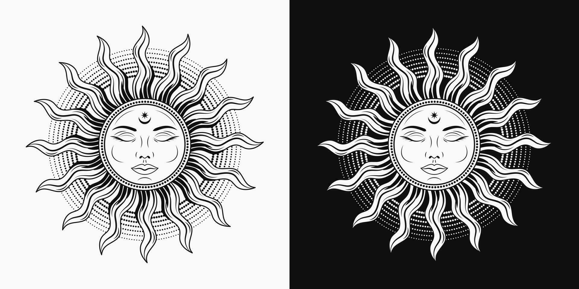 Sun with face, closed eyes. Vector illustration in vintage style on black, white background. Mythological fairytale character, alchemy and astrology symbol. Solar sign. Good for groovy, hippie style