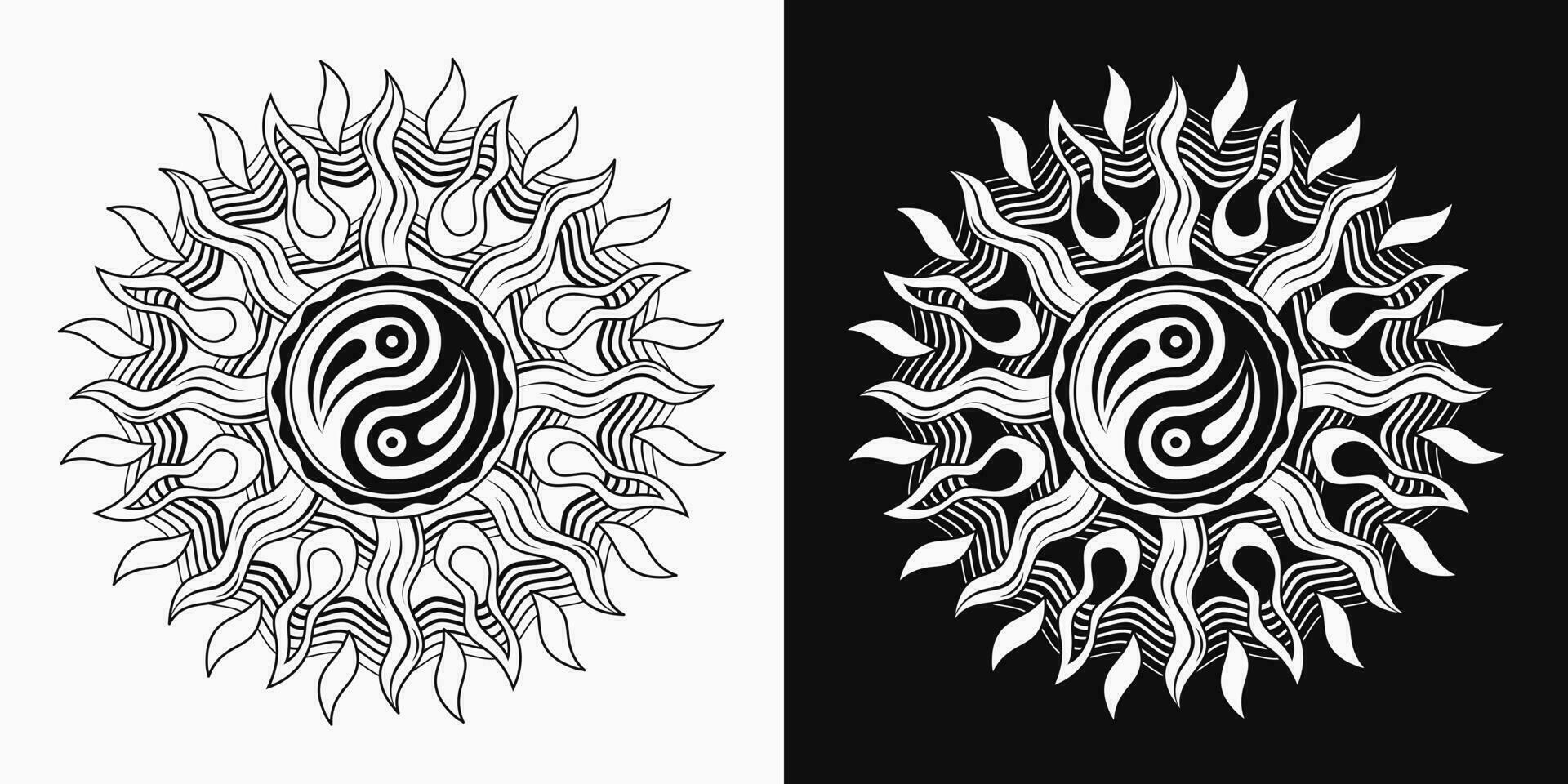 Sun with ying yang symbol. Concept of harmony and balance. Monochrome illustration in vintage style on white, black background. Solar sign, alchemy and astrology symbol. Good for groovy, hippie style vector