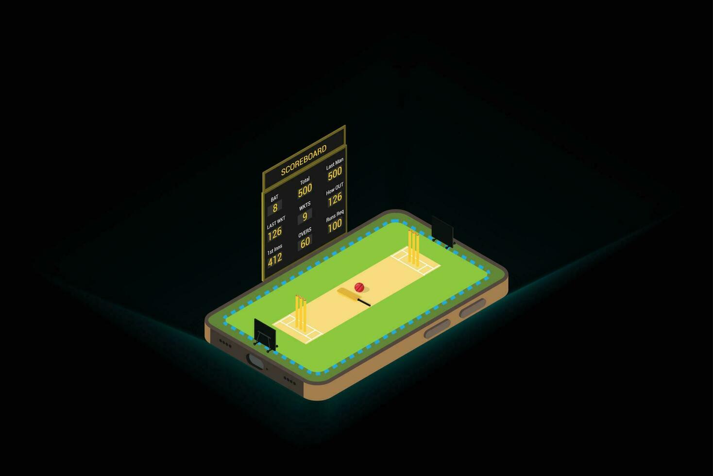 Isometric Cricket Ground in Mobile Concept Illustration vector