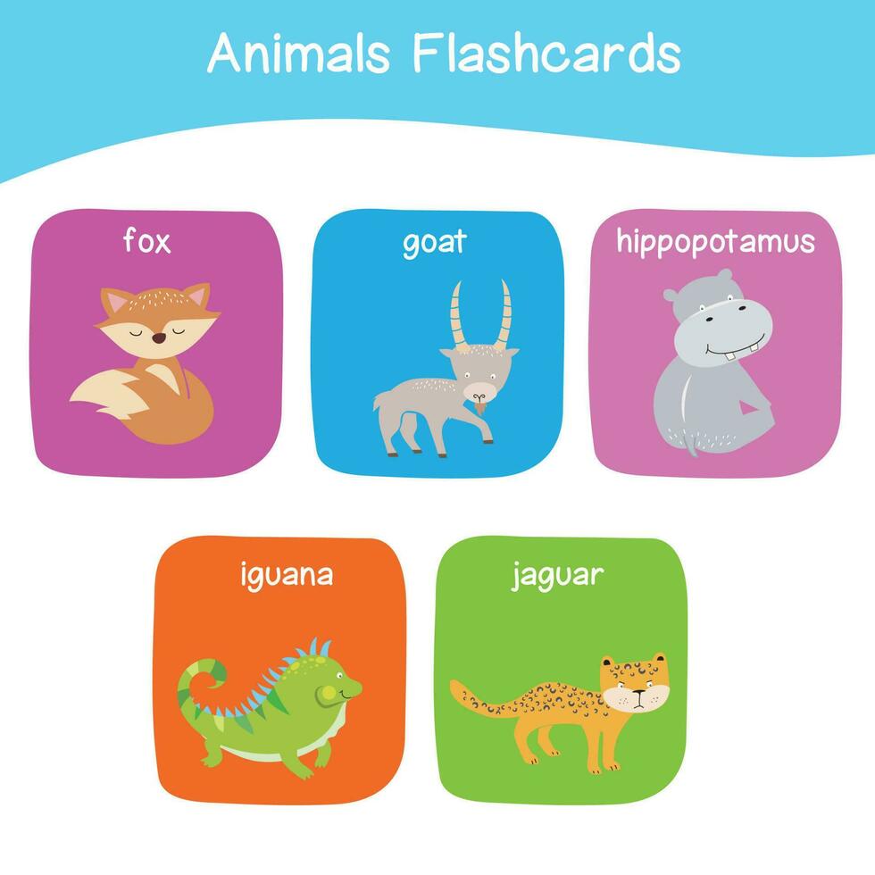 Printable alphabet animal flashcards collection for learning english. Educational game for kindergarten and preschool kids. Cute cartoon characters. Vector illustrations.