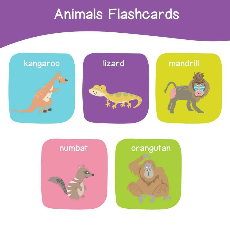 Printable alphabet animal flashcards collection for learning english. Educational game for kindergarten and preschool kids. Cute cartoon characters. Vector illustrations.